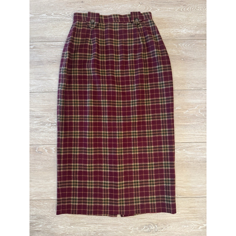 Vintage Charter Club 100% Wool Plaid Midi Skirt Size 8 Red Green Tartan